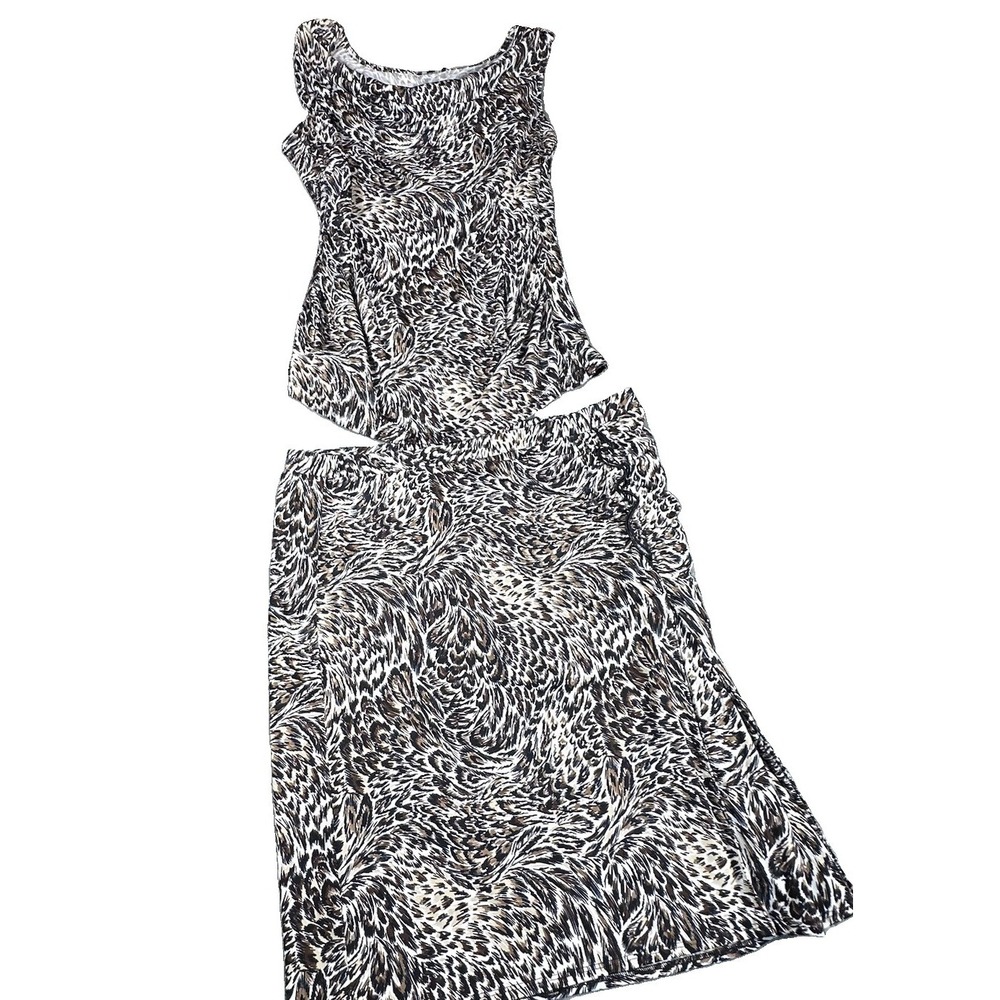 VTG Harve B Skirt Suit Set Small Animal Print Mob Wife Y2K Cowl Neck Top 90's